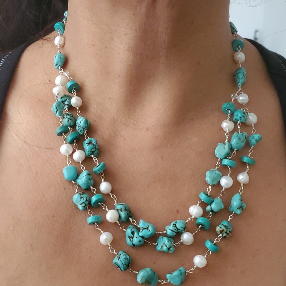 Silver, Turquoise and pearls necklace